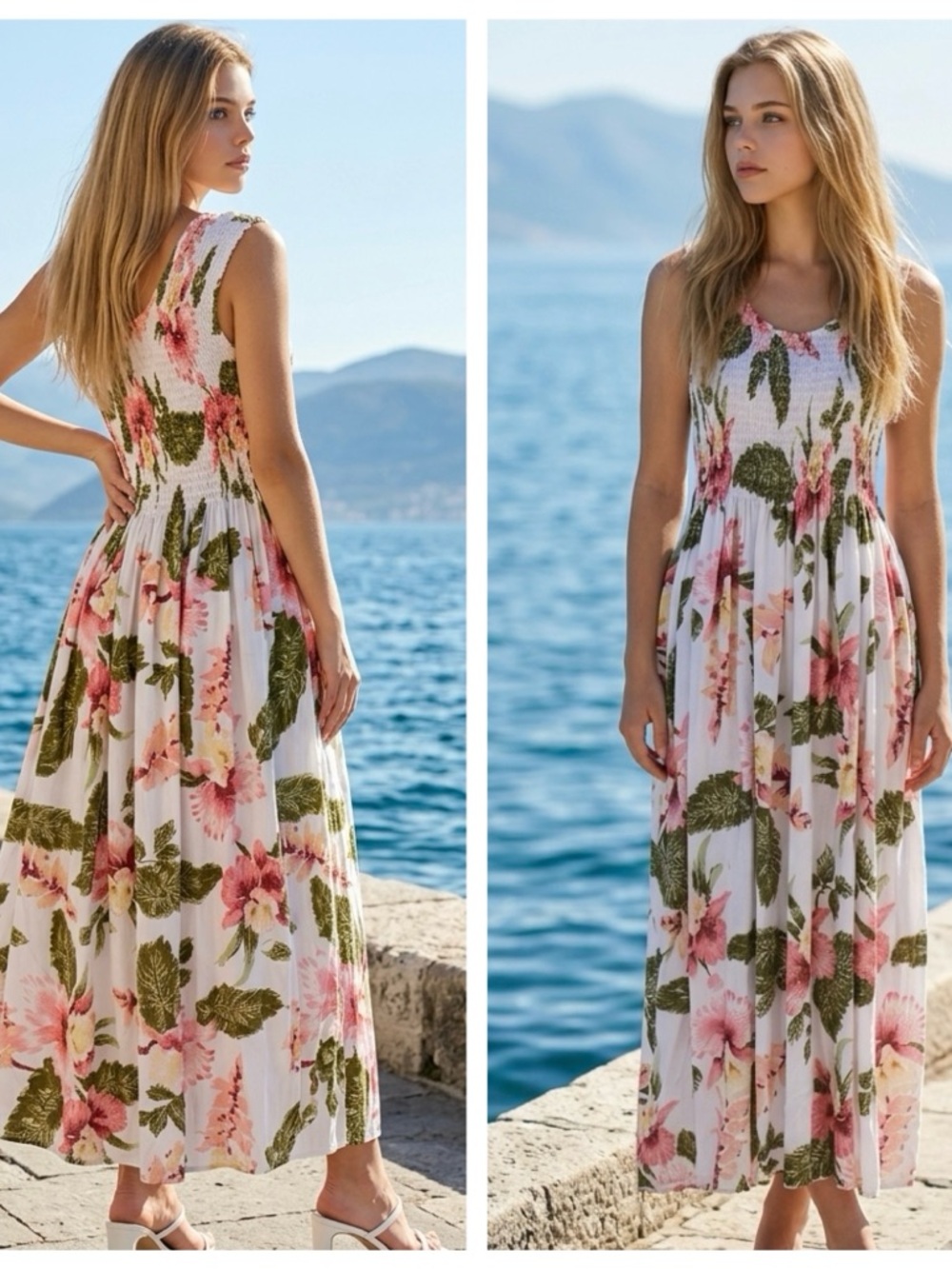 Hula Hula Hawaii Women Sleeveless White Floral Tropical Maxi Dress Sz OS